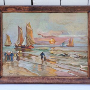 Gouache sur panneau isorel, représentant un retour de pêche au coucher du soleil, Situé dans le Morbihan en Bretagne. Signé Jean Lory. Encadrement bois. Bon état général Dimensions : 32 x 26 cm
