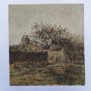 Aquarelle sur feuille de canson, représentant un verger au premier et le toit de l'église Saint vigor de Carolles en Normandie.Peint par Jacques Simon. Datée 1895. Léger gondolement du papier, rousseurs , coins cornés, traces d'enlèvement d'une marie-louise sur le contour. Bon état général . Dimensions : 35 x 38 cm