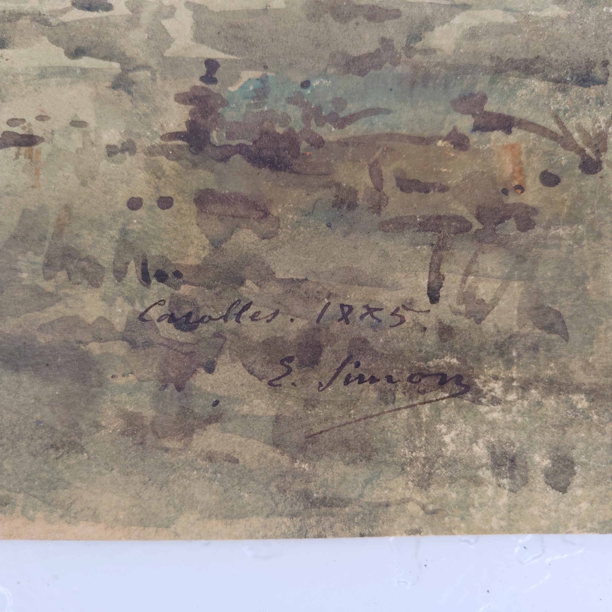 Aquarelle sur feuille de canson, représentant un verger au premier et le toit de l'église Saint vigor de Carolles en Normandie.Peint par Jacques Simon. Datée 1895. Léger gondolement du papier, rousseurs , coins cornés, traces d'enlèvement d'une marie-louise sur le contour. Bon état général . Dimensions : 35 x 38 cm