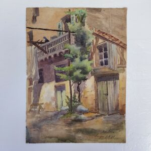 Aquarelle sur feuille de canson, représentant une façade de maison à limoges.Peint par Jacques Simon. Datée 1898. Léger gondolement du papier, rousseurs , coins cornés, traces d'enlèvement d'une marie-louise sur le contour. Bon état général . Dimensions : 34,5 x 25 cm