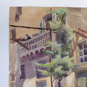 Aquarelle sur feuille de canson, représentant une façade de maison à limoges.Peint par Jacques Simon. Datée 1898. Léger gondolement du papier, rousseurs , coins cornés, traces d'enlèvement d'une marie-louise sur le contour. Bon état général . Dimensions : 34,5 x 25 cm