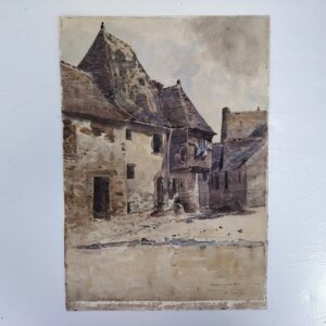 Aquarelle sur feuille de canson, représentant une maison du XVIIéme à encorbellement de la place des halles de Chateauneuf du Faou dans le Finistère. Peint par Jacques Simon. Datée 1894. Gondolement du papier, rousseurs , coins cornés, traces d'enlèvement d'une marie-louise sur le contour. Bon état général . Dimensions : 50,5 x 35 cm