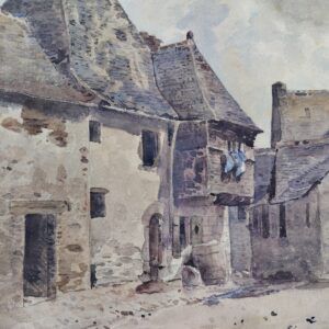 Aquarelle sur feuille de canson, représentant une maison du XVIIéme à encorbellement de la place des halles de Chateauneuf du Faou dans le Finistère. Peint par Jacques Simon. Datée 1894. Gondolement du papier, rousseurs , coins cornés, traces d'enlèvement d'une marie-louise sur le contour. Bon état général . Dimensions : 50,5 x 35 cm