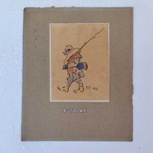 Dessin humoristique par Pierre Falké, datant de 1917, caricature de poilus ayant une canne à pêche de fortune faites avec une branche d'arbre. Petites taches et rousseurs . Bon état général  Dimensions totale : 1 x 16 cm Dimensions dessin : 11 x 8,5 cm