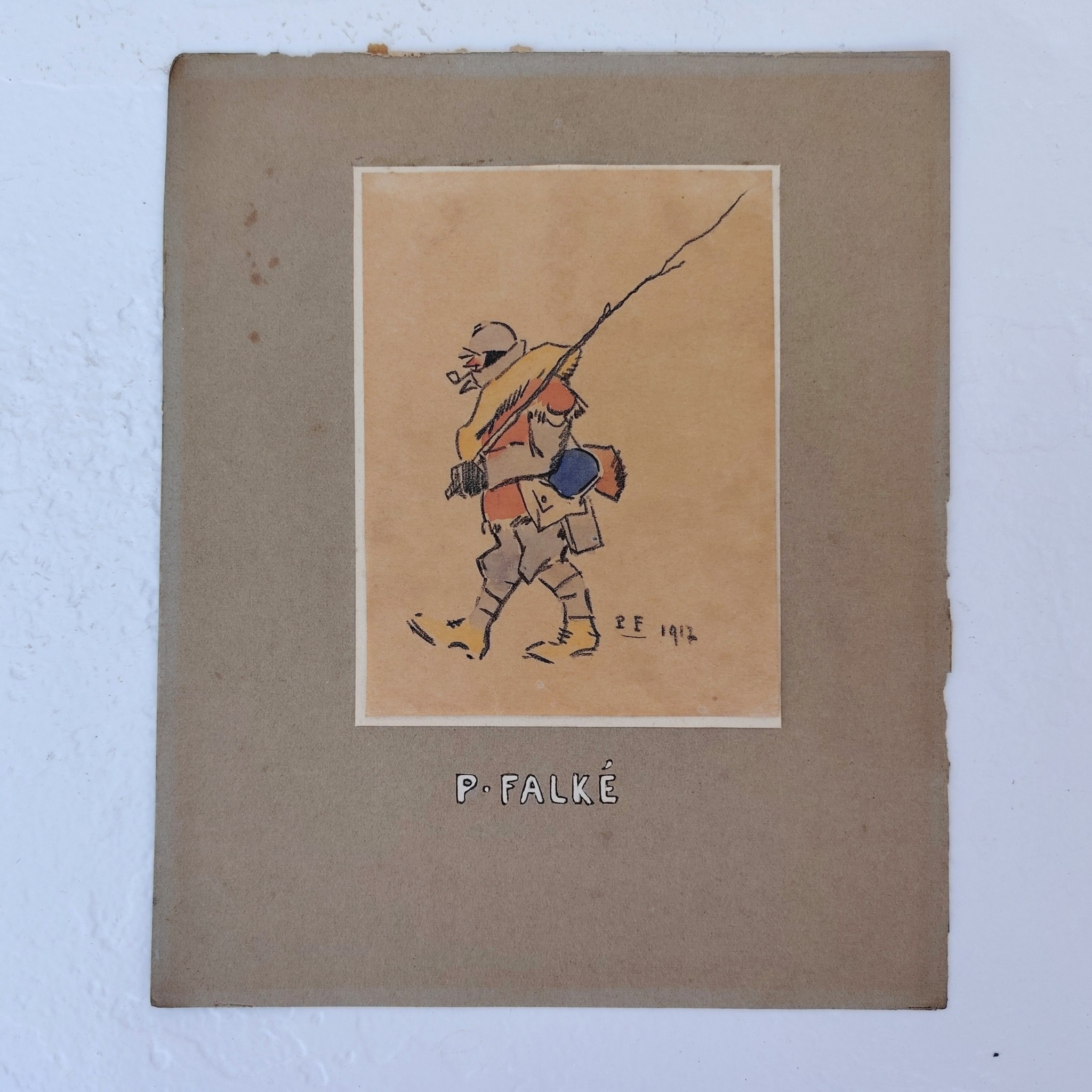 Dessin humoristique par Pierre Falké, datant de 1917, caricature de poilus ayant une canne à pêche de fortune faites avec une branche d'arbre. Petites taches et rousseurs . Bon état général  Dimensions totale : 1 x 16 cm Dimensions dessin : 11 x 8,5 cm