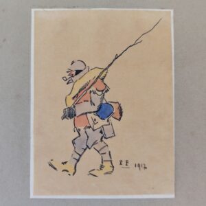 Dessin humoristique par Pierre Falké, datant de 1917, caricature de poilus ayant une canne à pêche de fortune faites avec une branche d'arbre. Petites taches et rousseurs . Bon état général  Dimensions totale : 1 x 16 cm Dimensions dessin : 11 x 8,5 cm