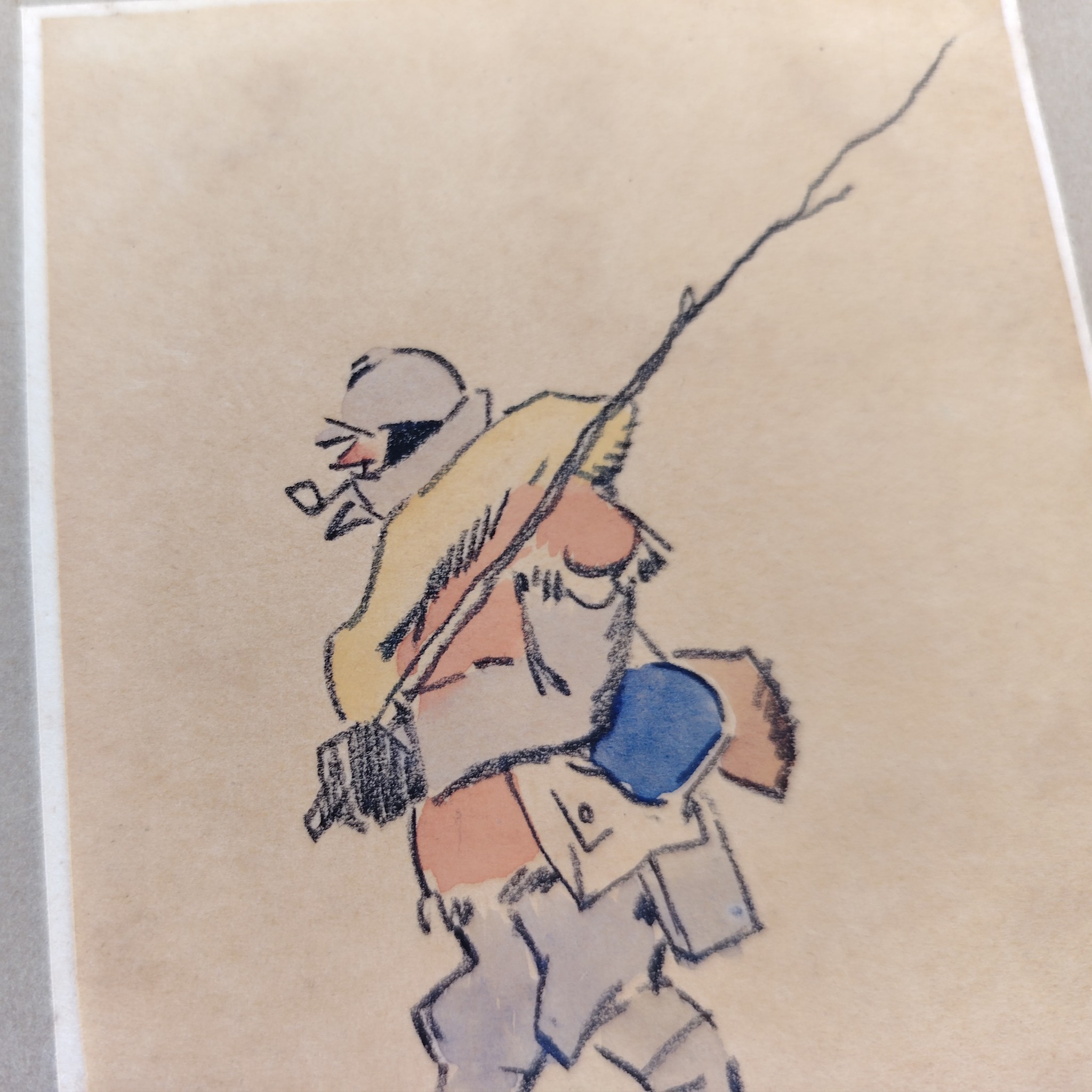 Dessin humoristique par Pierre Falké, datant de 1917, caricature de poilus ayant une canne à pêche de fortune faites avec une branche d'arbre. Petites taches et rousseurs . Bon état général  Dimensions totale : 1 x 16 cm Dimensions dessin : 11 x 8,5 cm