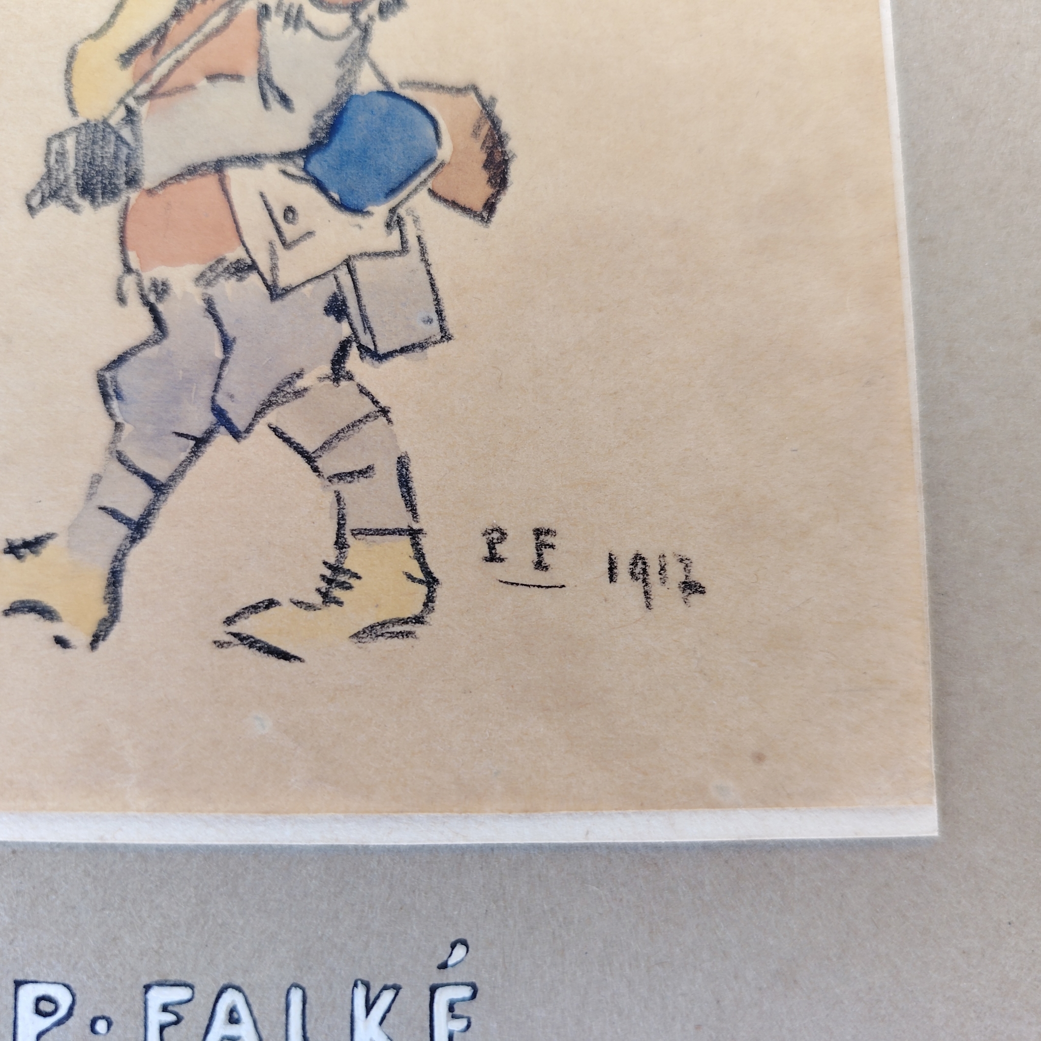 Dessin humoristique par Pierre Falké, datant de 1917, caricature de poilus ayant une canne à pêche de fortune faites avec une branche d'arbre. Petites taches et rousseurs . Bon état général  Dimensions totale : 1 x 16 cm Dimensions dessin : 11 x 8,5 cm